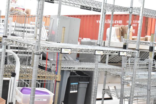 Chrome finish 4-tier wire shelving unit, sturdy metal construction, features include labels and extra storage bins. Buyer must dismantle.