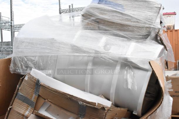 12 brand new scratch and dent items, including 600LDR Regency 24" stainless steel liquor display rack, wrapped in plastic.