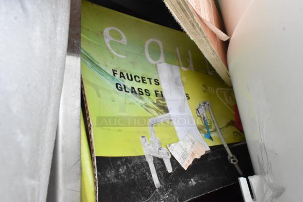 12 brand new scratch and dent items, including Regency Spec Line 24" liquor display rack and white poly trash cans.