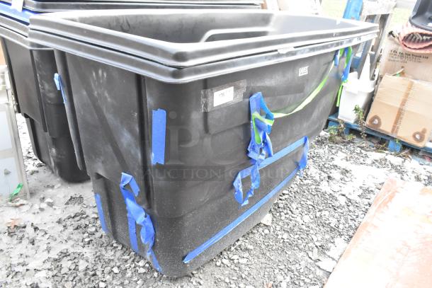 Black poly tilt truck, new scratch and dent. Blue tape markings, labeled "Lavey 176." Auction for 7 units.