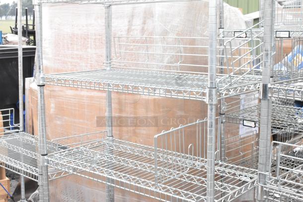 Two chrome finish wire shelving units in good condition, featuring adjustable wire shelves. Buyer must dismantle.