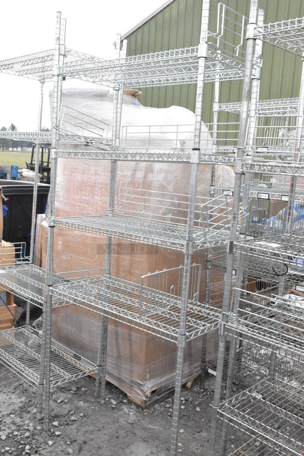 Two chrome finish wire shelving units, sturdy construction, multiple tiers, excellent condition, dismantling required by buyer.