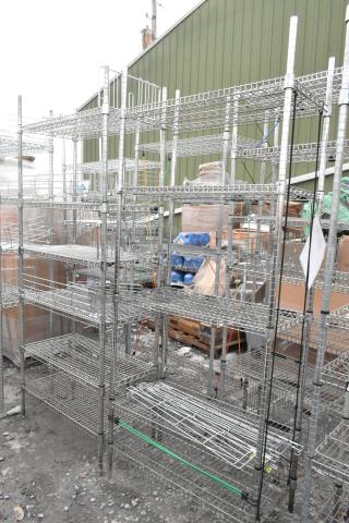 Two chrome finish wire shelving units in used condition, ready for dismantling. Buyer to arrange freight and dismantle.