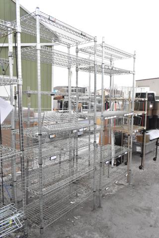 Two chrome finish wire shelving units, sturdy metal construction. Buyer must dismantle for shipping. Consider freight costs.