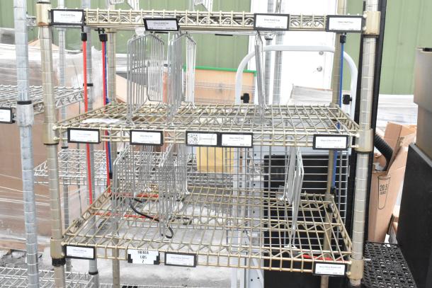 3 tier wire shelving unit with labeled sections for organization. Buyer must dismantle for shipping. Consider freight charges.