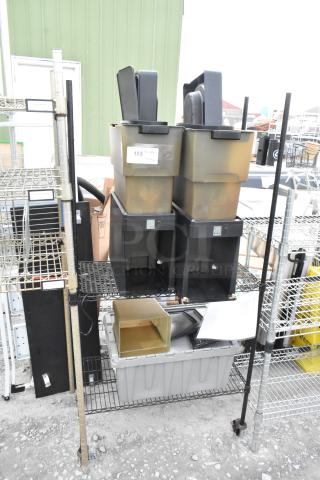 Black and tan 2-tier wire shelving unit with beverage dispensers. Buyer dismantles. Consider freight costs. Labels indicate QTY 183.