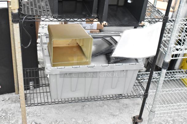 Black and tan 2-tier wire shelving unit with contents, including beverage dispensers. Buyer must dismantle.