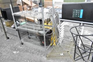 Two wire shelving units; one missing three poles. Buyer must dismantle. Consider freight charges.