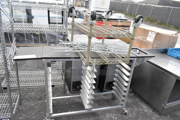 2-tier shelving unit and metal commercial double pan transport rack on commercial casters. Ideal for storage and transport.