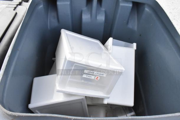2 Poly Trash Cans in gray with white containers inside, labeled "JAVA CHIPS PAR 1." Good condition.