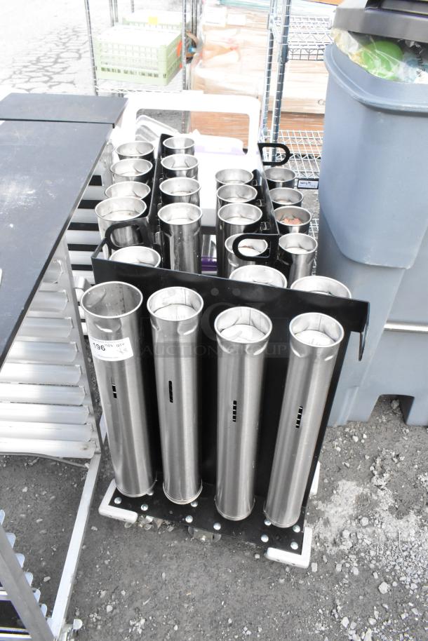 Three portable 6-8 chute cup dispensing units, stainless steel, in good condition with visible labels and sturdy construction.