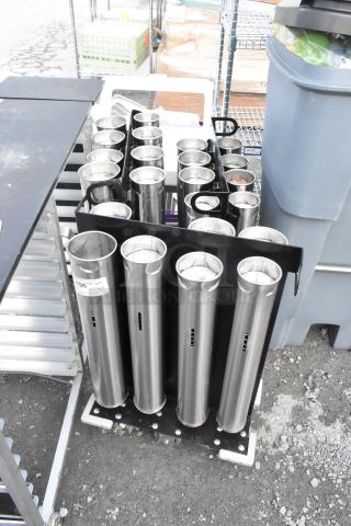 Three portable 6-8 chute cup dispensing units, stainless steel, in good condition with visible labels and sturdy construction.
