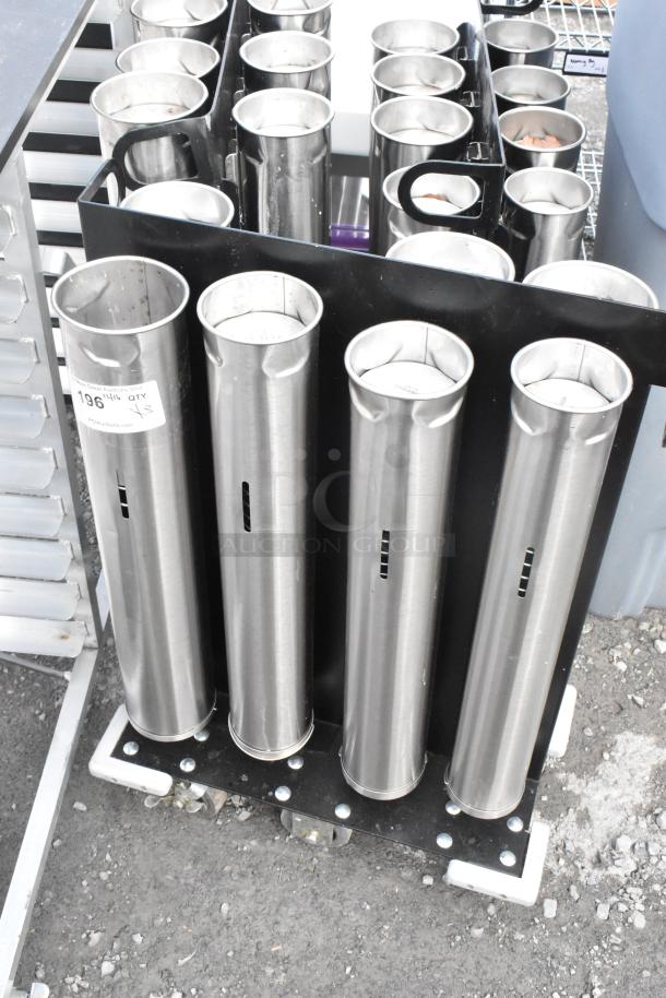 3 portable 6-8 chute cup dispensing units, stainless steel, on wheels, used condition. Auction label indicates quantity x3.