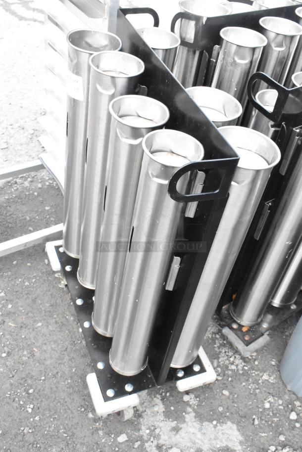 Three portable 6-8 chute cup dispensing units in stainless steel. Good condition, black handles, and mobile base.