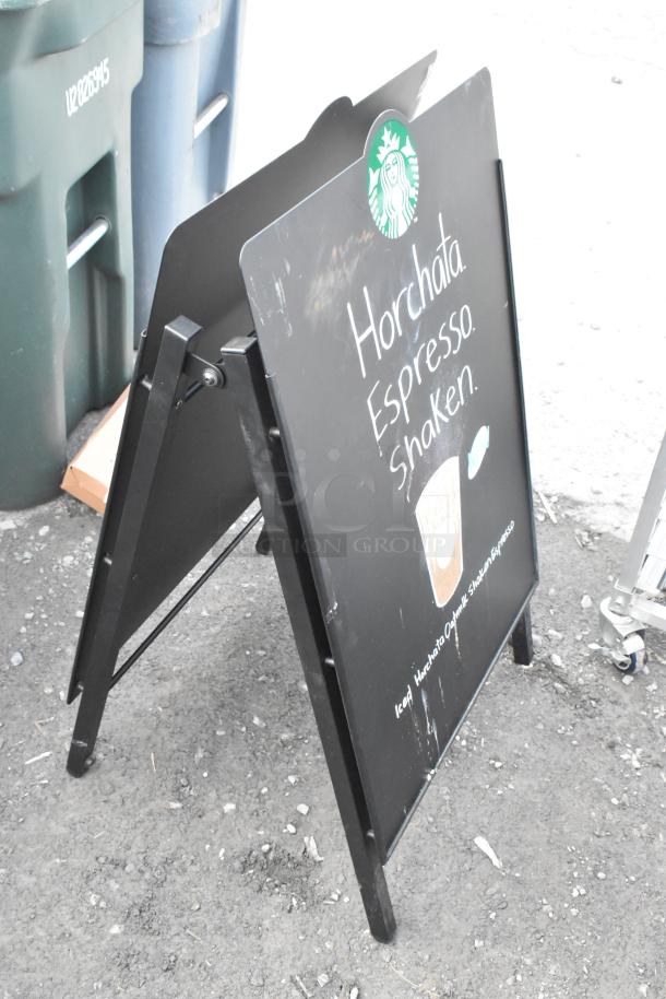 Black A-Frame sidewalk sign with Starbucks branding showing "Horchata Espresso Shaken" text and drink image. Good condition.
