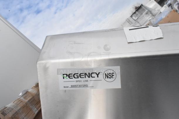 Regency work table, NSF approved, model 600ST3072RS, stainless steel, scratch and dent condition, visible label.