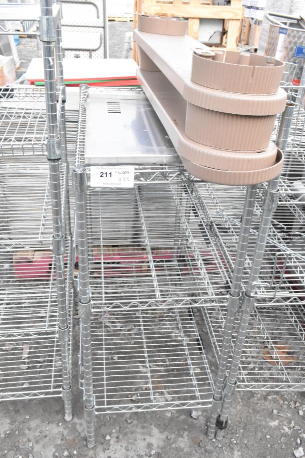 Two chrome finish wire shelving units in good condition with adjustable shelves, label "211", buyer must dismantle.