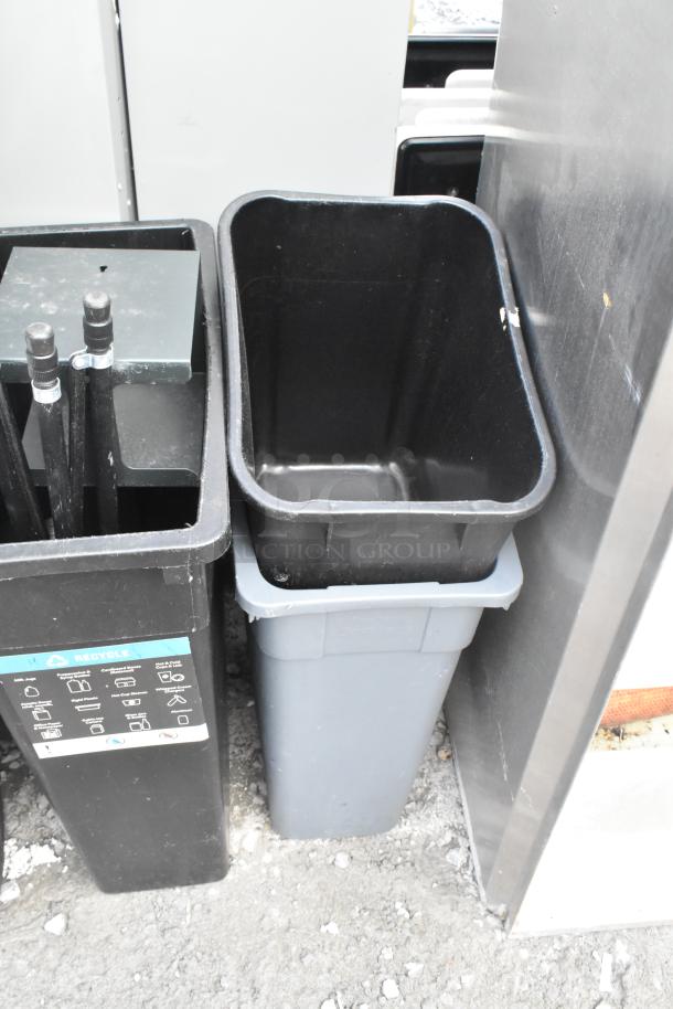 Four trash cans, including a Slim Jim model, shown in varying conditions. Includes recycling labels and bid increment details.