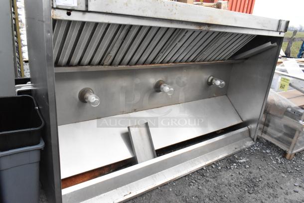 8' commercial metal grease hood with filters and lights, in used condition, showing slight wear and functional components.