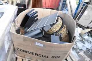 Pallet lot containing various items including baskets, lid dispenser, large commercial bin, and rope, in used condition.
