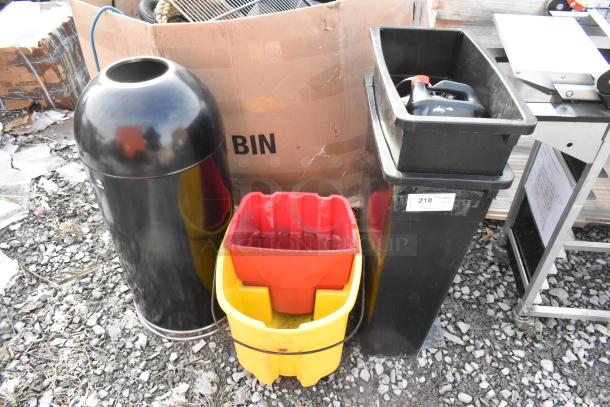 4 items: 2 Slim Jim trash cans, mop bucket, black metal trash can shell, mixed condition. Auction lot with 4x bid.