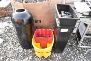 4 items: 2 Slim Jim trash cans, mop bucket, black metal trash can shell, mixed condition. Auction lot with 4x bid.