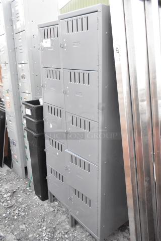 Two gray metal lockers with 5 cubbies each. Durable design, minor surface wear. Ideal for storage or organization.