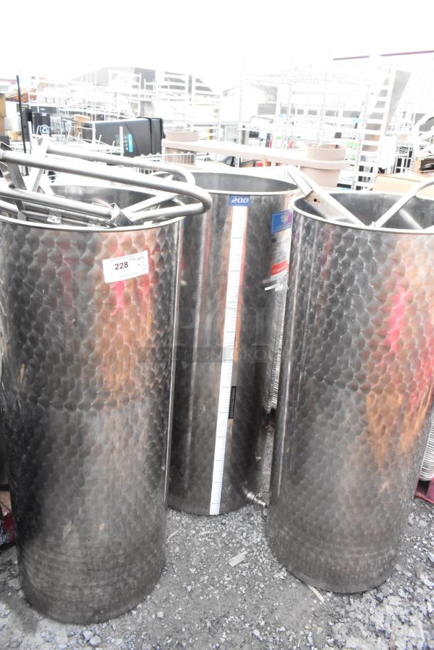 3 Marchisio metal tanks, no lids. Polished finish, industrial use, markings indicate measurement. Durable and multipurpose.