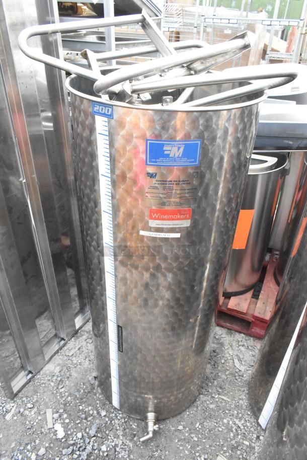Marchisio metal tank, no lid, 200L capacity. Stainless steel with volume markings. Ideal for winemaking.