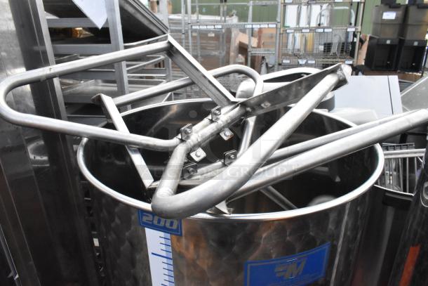 Marchisio metal wine making tank, 200-liter, no lid, features a marked capacity gauge, in good condition.