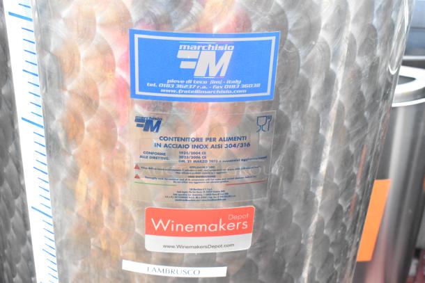 Marchisio stainless steel wine making tank, no lid, features volume markings and Winemakers Depot label.