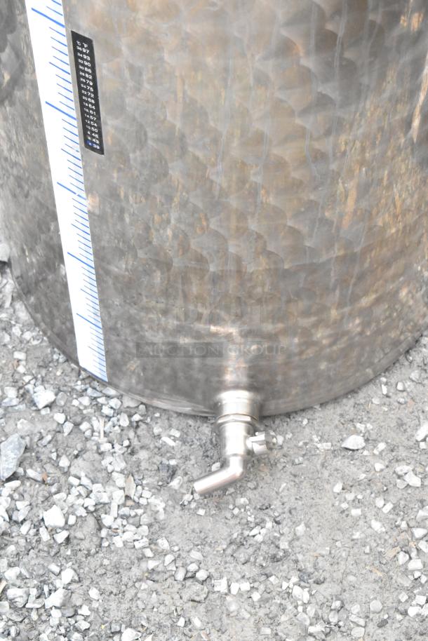 Marchisio metal wine making tank, no lid, featuring a spout and volume markings. Rugged, durable for fermentation.