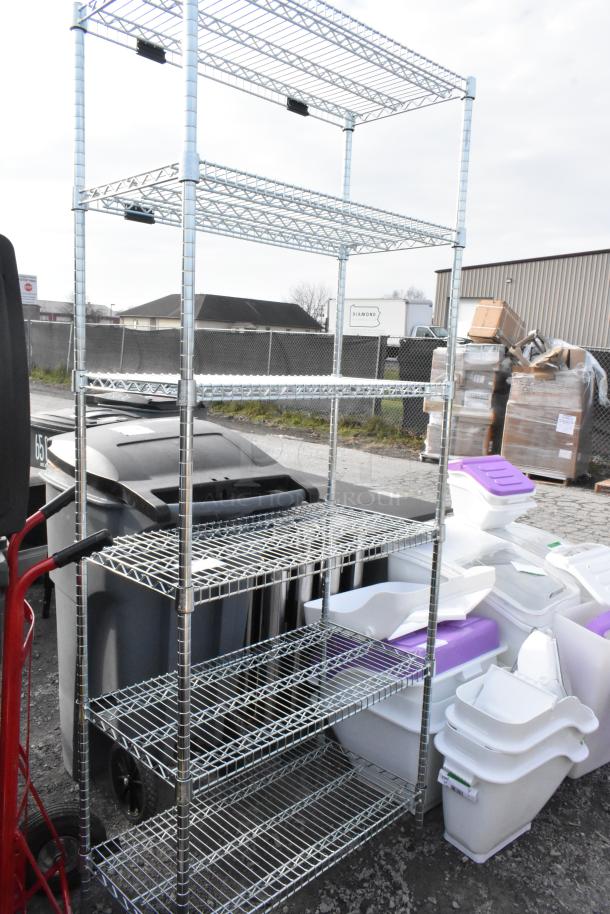 Chrome finish 6-tier wire shelving unit, sturdy and spacious. Buyer must dismantle. Ideal for organizing or storage.