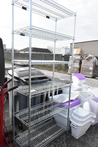 Chrome finish 6-tier wire shelving unit, sturdy and spacious. Buyer must dismantle. Ideal for organizing or storage.