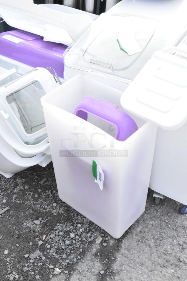 Various new scratch and dent poly bins, including clear and white ingredient bins, with visible tags and labels.