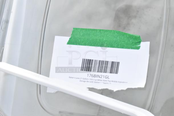 Clear poly bin with label 176BIN21GL. Indicates 21-gallon/335-cup capacity, Baker's Lane. New scratch and dent condition.