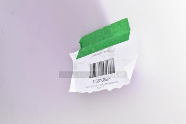Barcode label with green tape on white surface, indicating a Baker's Lane 10 Gallon/160 Cup White Ingredient Bin, model 176IBM3BWH.