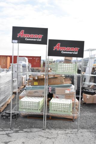 Two wire shelving units with commercial signage and contents, measuring 30x24x87 and 30x24x78. Buyer must dismantle.