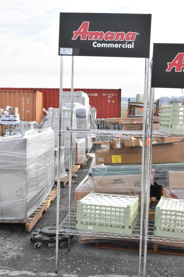 Two wire shelving units with contents, Amana Commercial sign, dimensions 30x24x87 and 30x24x78, buyer must dismantle.
