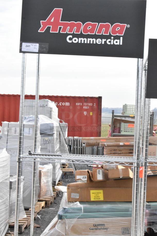 Two wire shelving units with miscellaneous contents. Dimensions: 30x24x87 and 30x24x78. Buyer must dismantle. Consider freight charges.