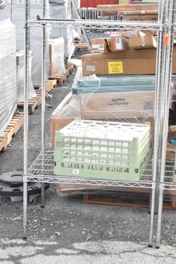 Two wire shelving units with contents, sizes 30x24x87 and 30x24x78 inches, in used condition; buyer must dismantle.