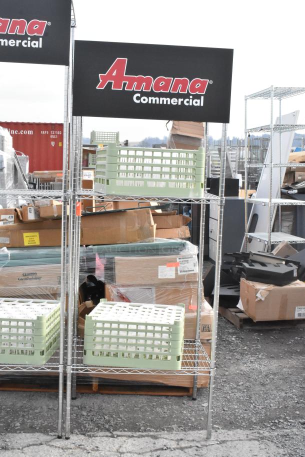 Two wire shelving units with contents, dimensions 30x24x87 and 30x24x78, labels indicating dismantling required for shipping.