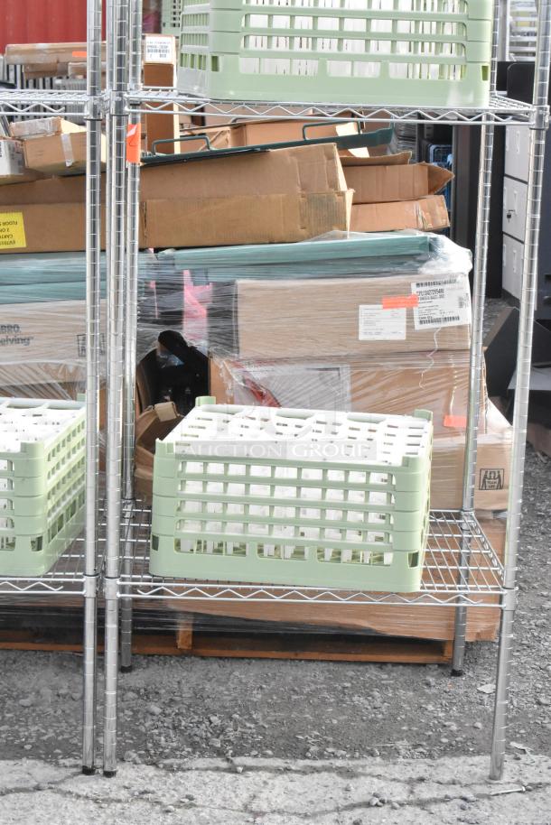 Two metal wire shelving units with green plastic bins and assorted boxed contents. Dimensions: 30x24x87, 30x24x78 inches. Dismantling required.