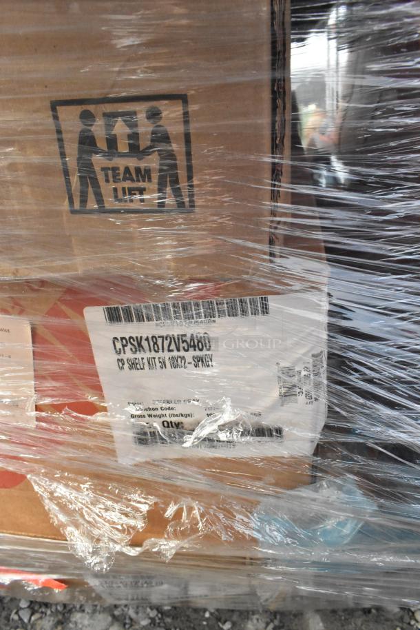 Plastic-wrapped box with label CPSK1872V5480, indicating Cambro Premium Shelf Kit with 5 vented shelves, 72"x18".