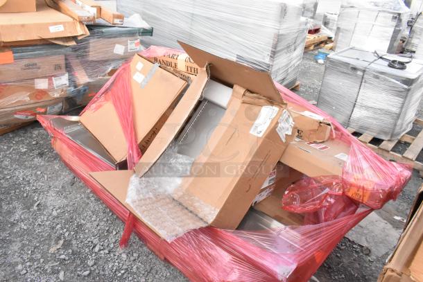 18 brand new scratch and dent items, including T&S Hose Reel, MetroMax Q Shelf, Hatco Infrared Warmer, wrapped on pallets.