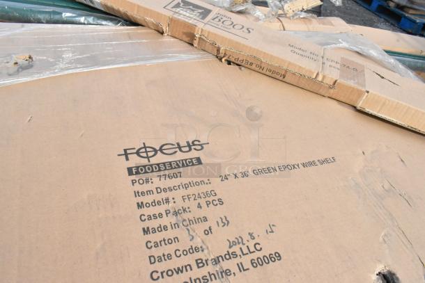 Cardboard box labeled "Focus Foodservice" containing a 24x36" green epoxy wire shelf, model FF2436G.
