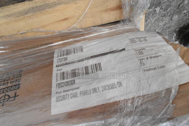 Packaged Focus Foodservice security cage panels with label showing part FSEC2436S3GN, quantity 1,000, dated 2022-10-25.