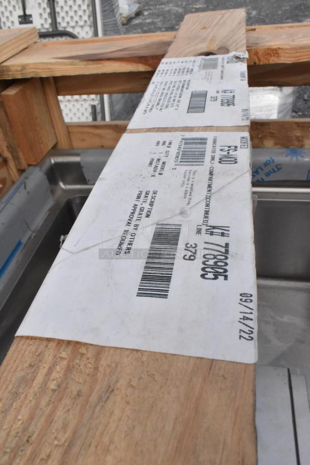 Advance Tabco FS-MOD stainless steel single compartment sinks in original crate, brand new, no legs included. Tags show model details.
