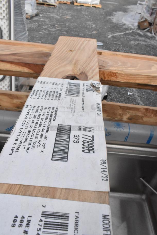 Brand new Advance Tabco FS-MOD stainless steel single compartment sinks in crate. No legs. Tags show model and shipping info.