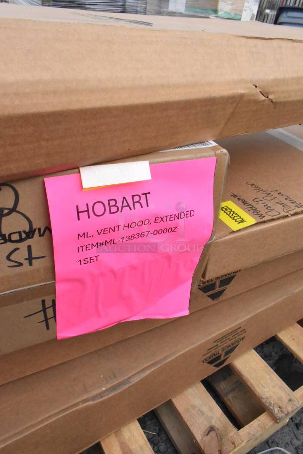5 brand new items in boxes, including Hobart vent hood labeled ML-138367-0000Z, and Advance Tabco work table.